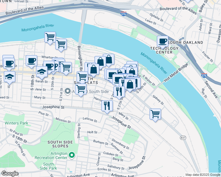 map of restaurants, bars, coffee shops, grocery stores, and more near 2517 Larkins Way in Pittsburgh