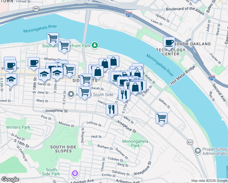 map of restaurants, bars, coffee shops, grocery stores, and more near 2517 Larkins Way in Pittsburgh