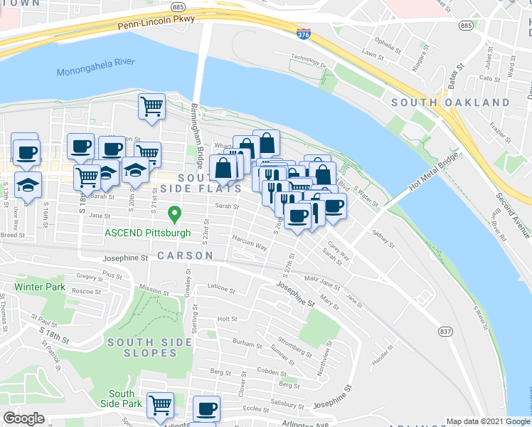 map of restaurants, bars, coffee shops, grocery stores, and more near 2517 Larkins Way in Pittsburgh