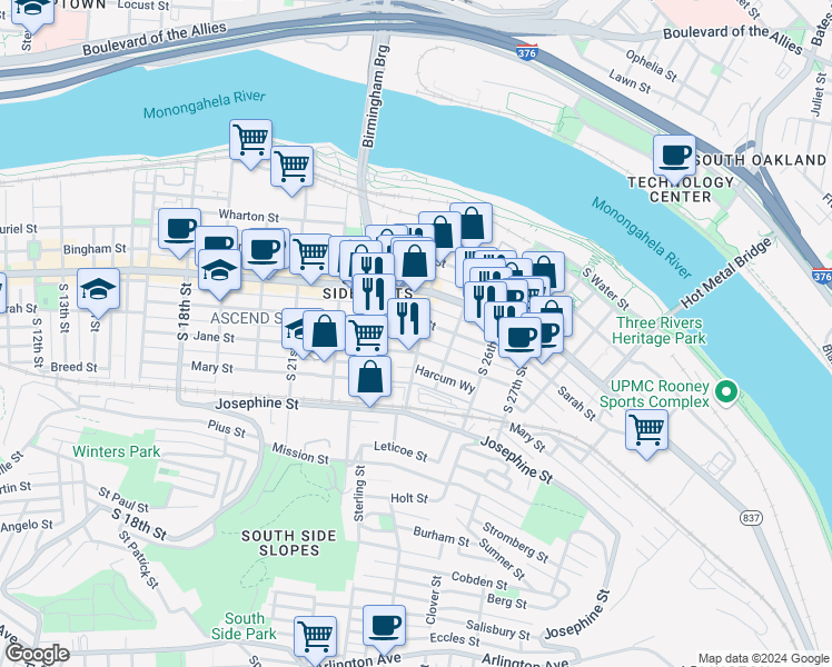 map of restaurants, bars, coffee shops, grocery stores, and more near 2412 Larkins Way in Pittsburgh