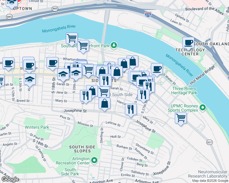 map of restaurants, bars, coffee shops, grocery stores, and more near 2315 Jane Street in Pittsburgh