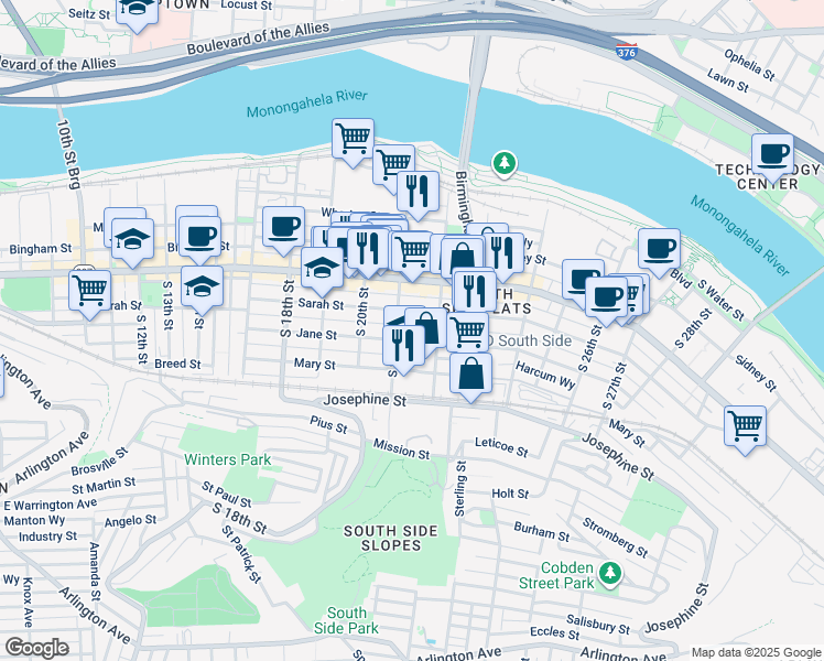 map of restaurants, bars, coffee shops, grocery stores, and more near 150 South 22nd Street in Pittsburgh