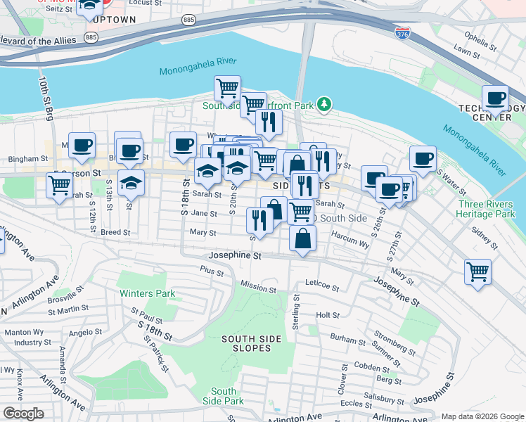 map of restaurants, bars, coffee shops, grocery stores, and more near 150 South 22nd Street in Pittsburgh