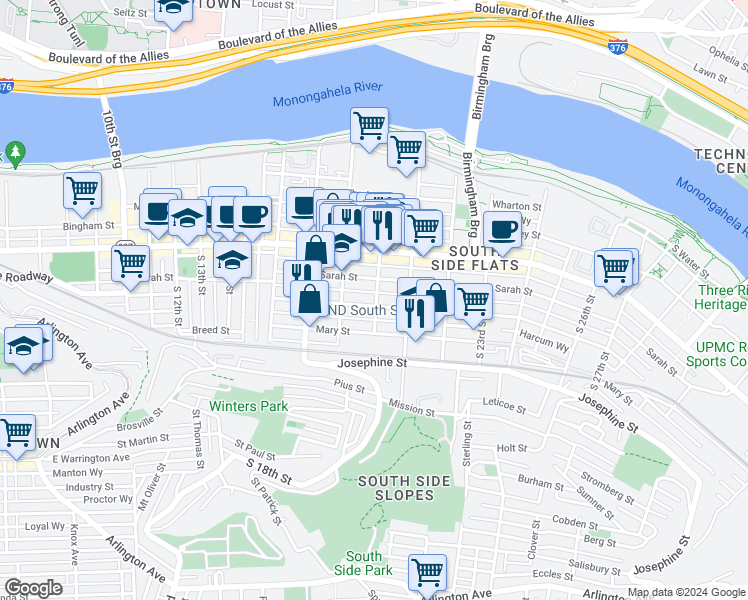 map of restaurants, bars, coffee shops, grocery stores, and more near 1919 Harcum Way in Pittsburgh