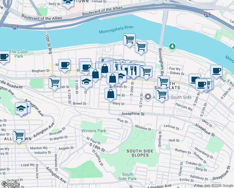 map of restaurants, bars, coffee shops, grocery stores, and more near 1819 Harcum Way in Pittsburgh