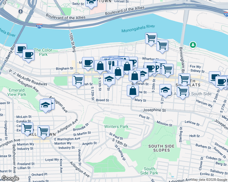 map of restaurants, bars, coffee shops, grocery stores, and more near 166 South 16th Street in Pittsburgh