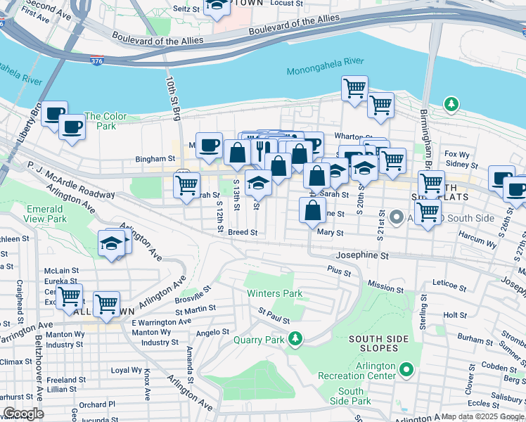 map of restaurants, bars, coffee shops, grocery stores, and more near 166 South 16th Street in Pittsburgh