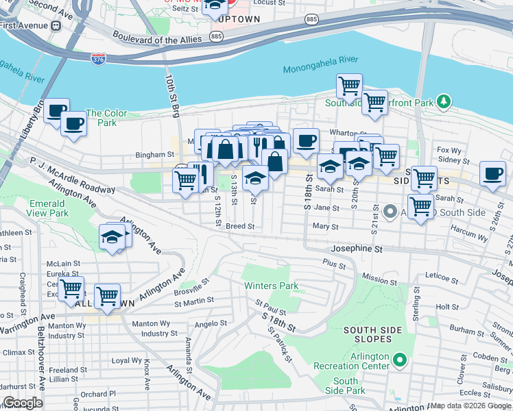 map of restaurants, bars, coffee shops, grocery stores, and more near 35 Uxor Way in Pittsburgh