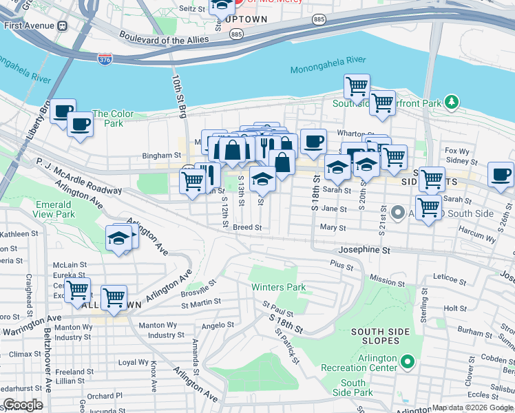 map of restaurants, bars, coffee shops, grocery stores, and more near 35 Uxor Way in Pittsburgh