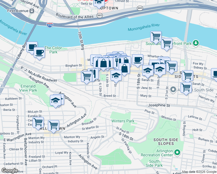 map of restaurants, bars, coffee shops, grocery stores, and more near 35 Uxor Way in Pittsburgh