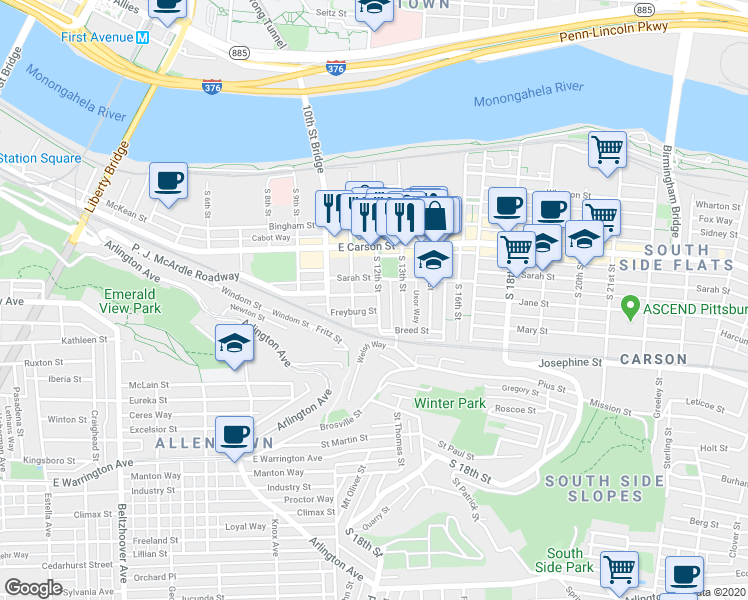 map of restaurants, bars, coffee shops, grocery stores, and more near 34 Enon Way in Pittsburgh