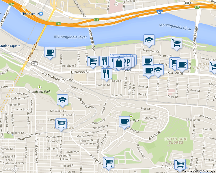 map of restaurants, bars, coffee shops, grocery stores, and more near 34 Enon Way in Pittsburgh