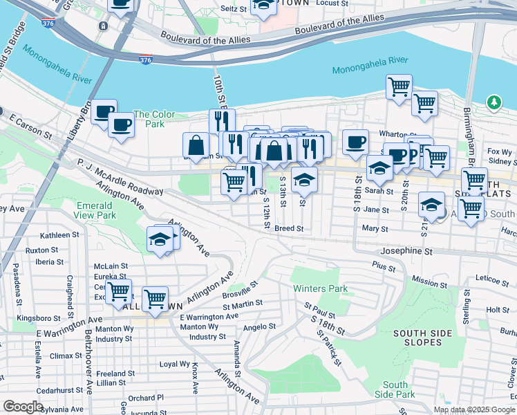 map of restaurants, bars, coffee shops, grocery stores, and more near 128 South 11th Street in Pittsburgh
