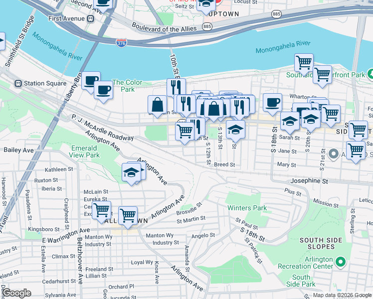 map of restaurants, bars, coffee shops, grocery stores, and more near 128 South 11th Street in Pittsburgh