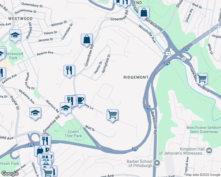 map of restaurants, bars, coffee shops, grocery stores, and more near 400 Elizabeth Drive in Pittsburgh