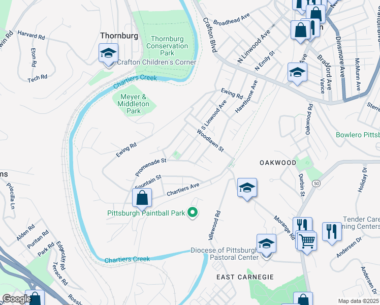 map of restaurants, bars, coffee shops, grocery stores, and more near 44 Marion Street in Pittsburgh