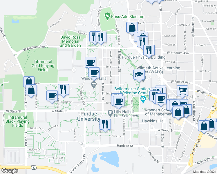 map of restaurants, bars, coffee shops, grocery stores, and more near 200 North Russell Street in West Lafayette