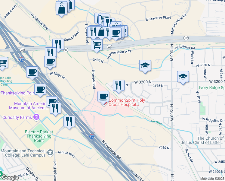 map of restaurants, bars, coffee shops, grocery stores, and more near 1715 WestBury Way in Lehi