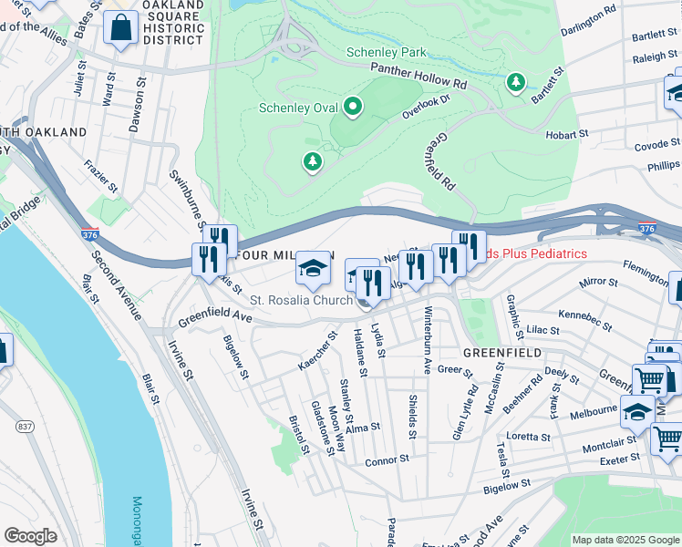 map of restaurants, bars, coffee shops, grocery stores, and more near 3908 Lydia Street in Pittsburgh