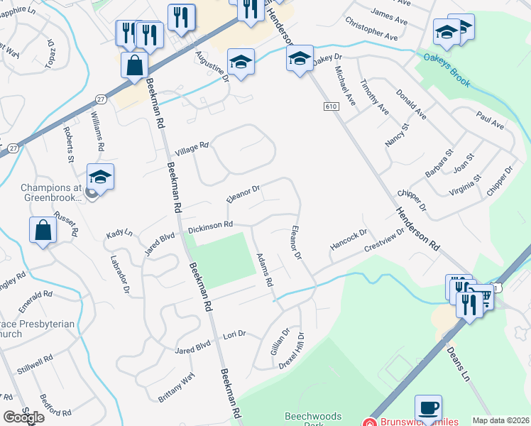 map of restaurants, bars, coffee shops, grocery stores, and more near 28 Dickinson Road in South Brunswick Township