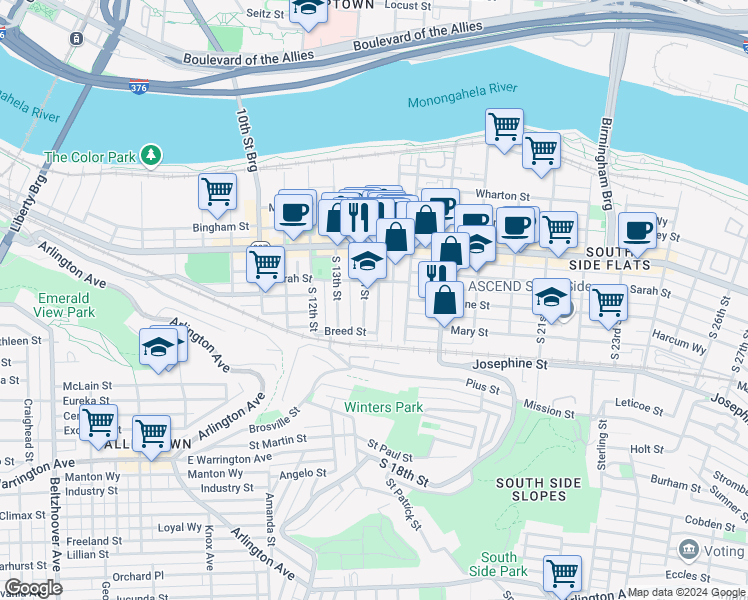 map of restaurants, bars, coffee shops, grocery stores, and more near 128 South 15th Street in Pittsburgh