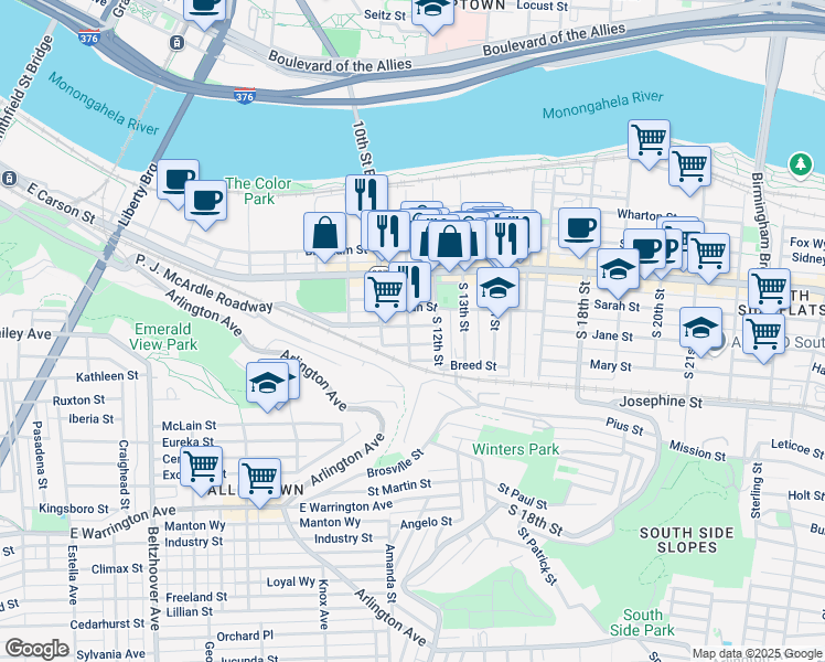 map of restaurants, bars, coffee shops, grocery stores, and more near 128 South 11th Street in Pittsburgh