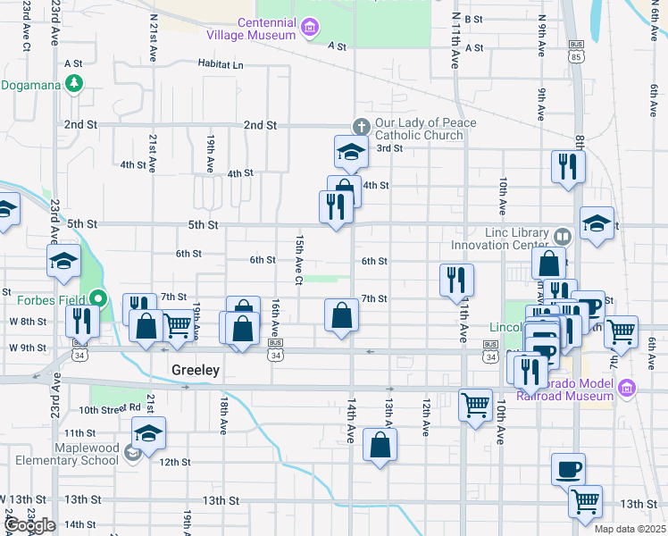 map of restaurants, bars, coffee shops, grocery stores, and more near 1412 6th Street in Greeley