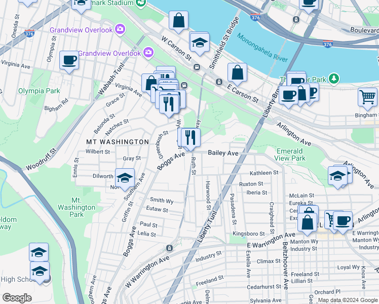 map of restaurants, bars, coffee shops, grocery stores, and more near Boggs Avenue & William Street in Pittsburgh