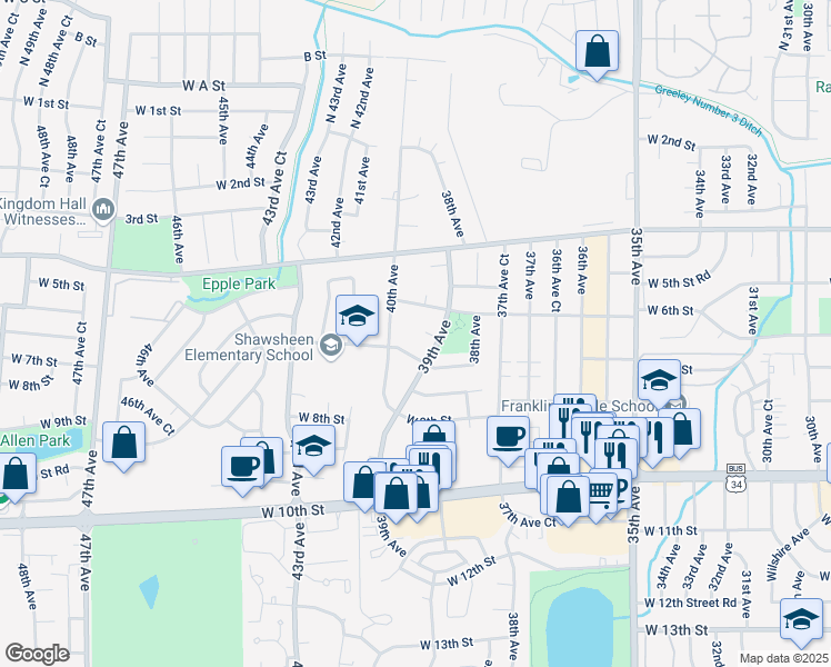 map of restaurants, bars, coffee shops, grocery stores, and more near 3911 West 7th Street in Greeley