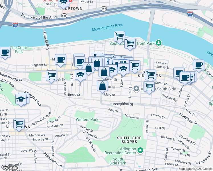 map of restaurants, bars, coffee shops, grocery stores, and more near 1819 Harcum Way in Pittsburgh
