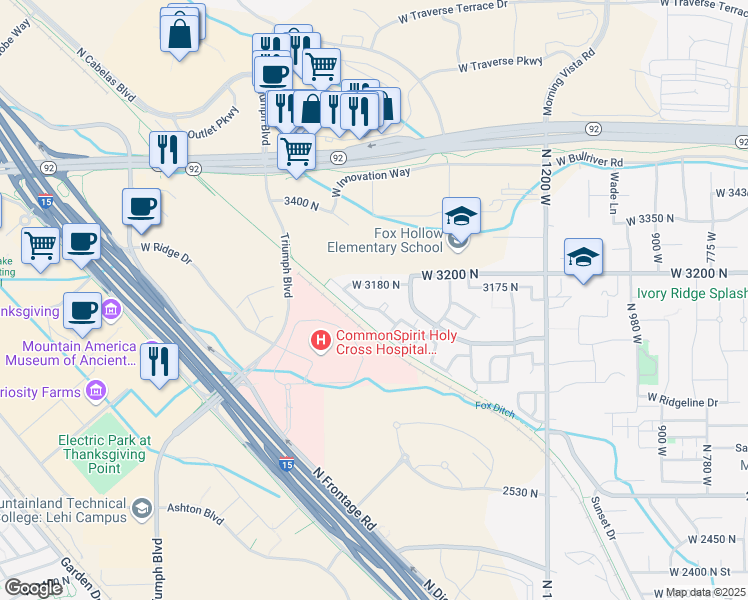 map of restaurants, bars, coffee shops, grocery stores, and more near 1656 WestBury Way in Lehi