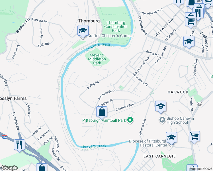 map of restaurants, bars, coffee shops, grocery stores, and more near 136 Promenade Street in Crafton