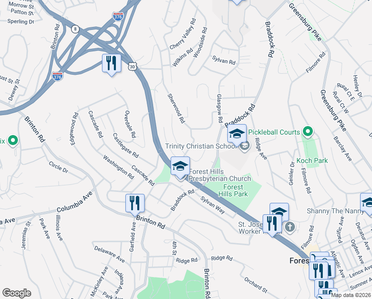 map of restaurants, bars, coffee shops, grocery stores, and more near 215 Elmore Road in Pittsburgh