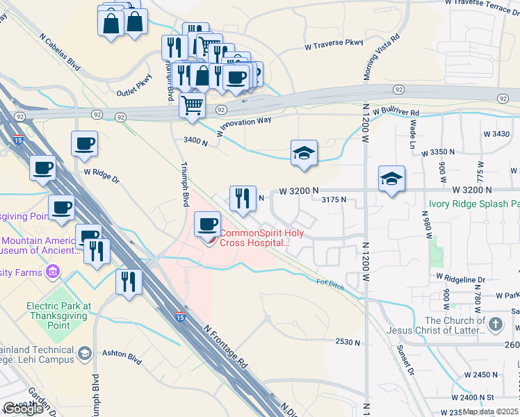 map of restaurants, bars, coffee shops, grocery stores, and more near 1624 WestBury Way in Lehi