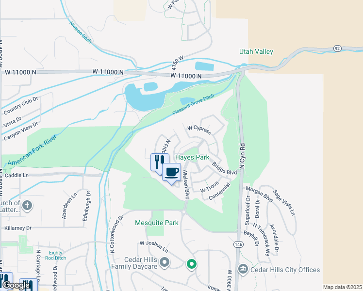 map of restaurants, bars, coffee shops, grocery stores, and more near 4122 Hayes Circle in Cedar Hills