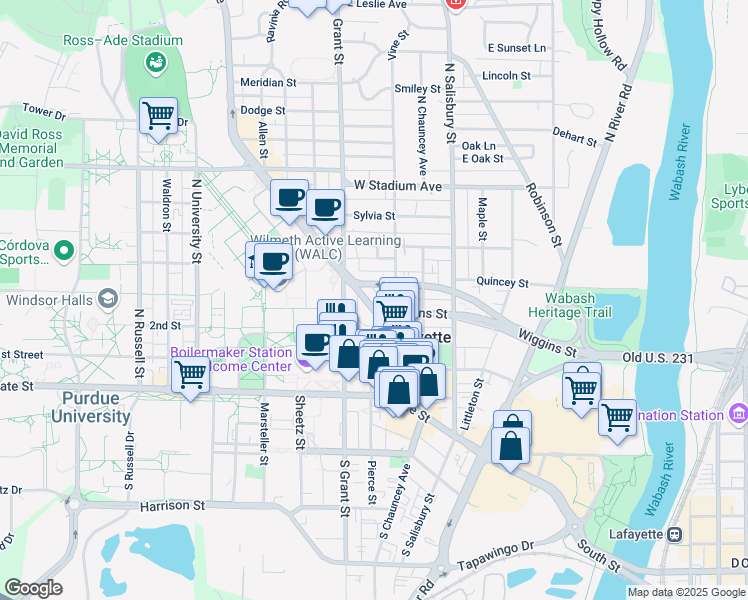 map of restaurants, bars, coffee shops, grocery stores, and more near 346 Northwestern Avenue in West Lafayette