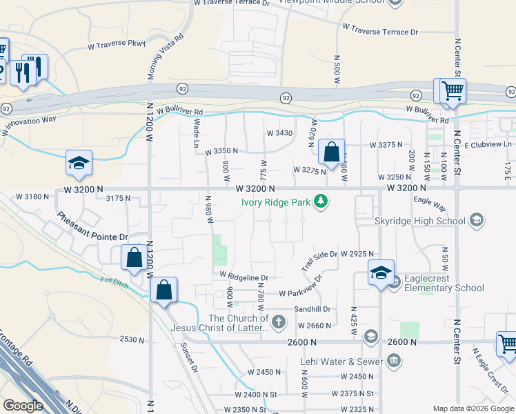 map of restaurants, bars, coffee shops, grocery stores, and more near 3073 North Meadow View Drive in Lehi