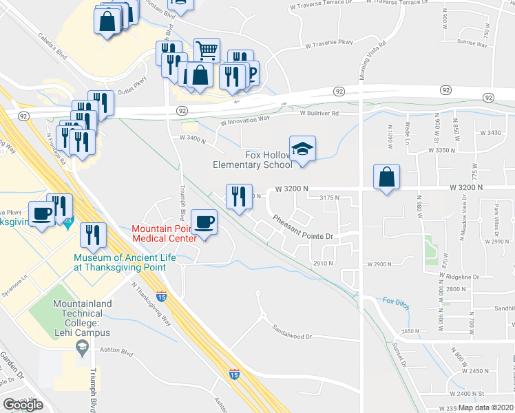 map of restaurants, bars, coffee shops, grocery stores, and more near 1661 WestBury Way in Lehi