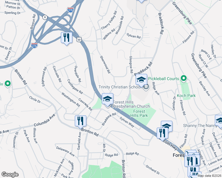 map of restaurants, bars, coffee shops, grocery stores, and more near 215 Elmore Road in Pittsburgh