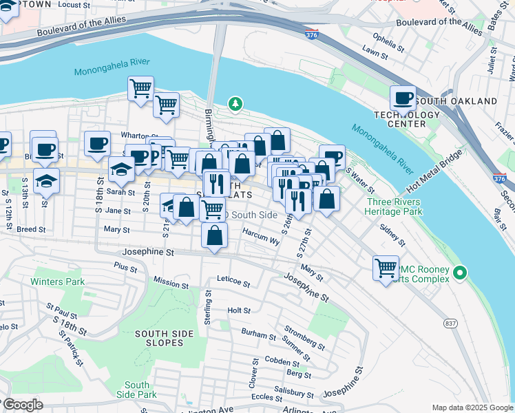 map of restaurants, bars, coffee shops, grocery stores, and more near 2412 Larkins Way in Pittsburgh