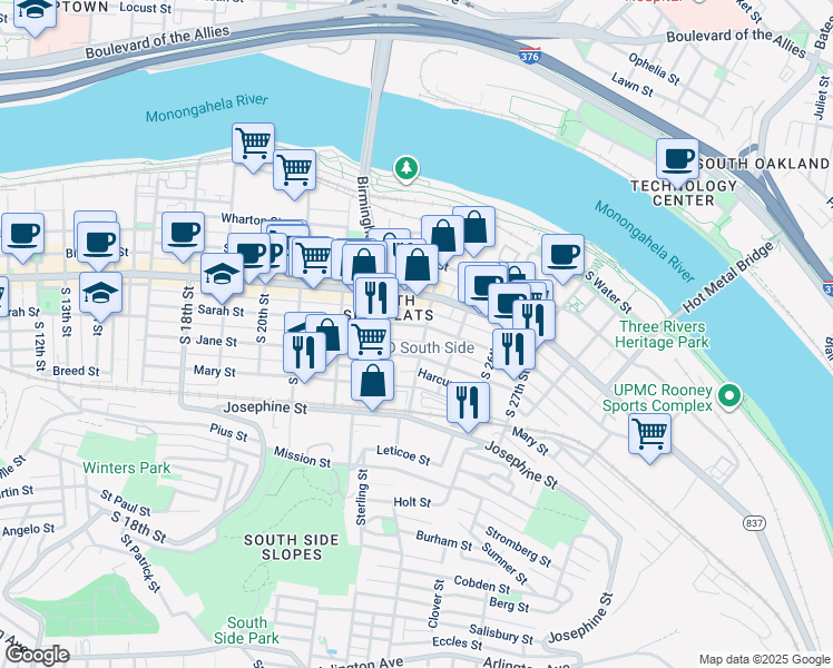 map of restaurants, bars, coffee shops, grocery stores, and more near 2315 Jane Street in Pittsburgh