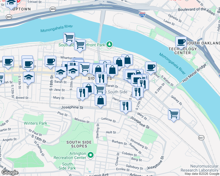 map of restaurants, bars, coffee shops, grocery stores, and more near 2315 Jane Street in Pittsburgh
