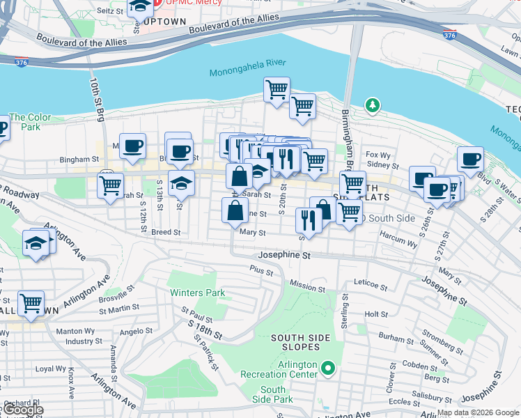 map of restaurants, bars, coffee shops, grocery stores, and more near 1919 Harcum Way in Pittsburgh