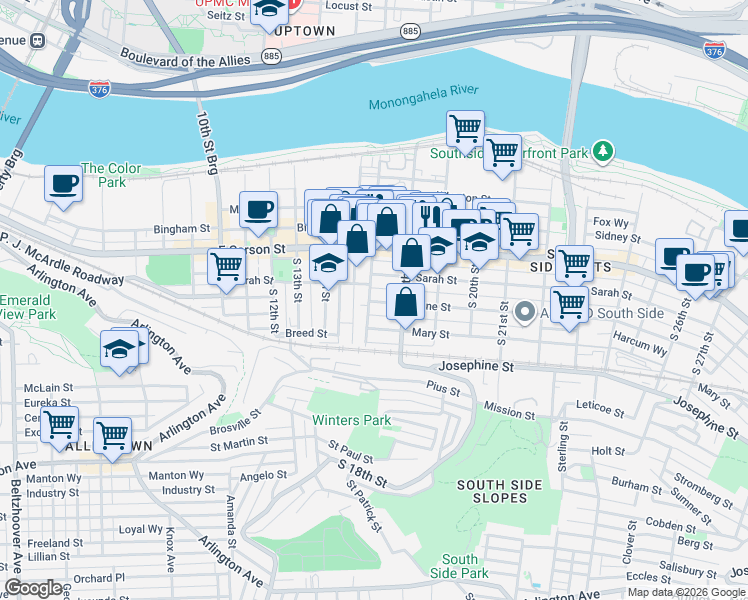 map of restaurants, bars, coffee shops, grocery stores, and more near 1717 Harcum Way in Pittsburgh