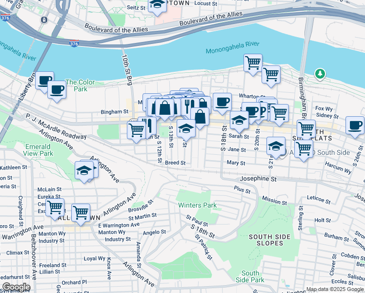 map of restaurants, bars, coffee shops, grocery stores, and more near 35 Uxor Way in Pittsburgh