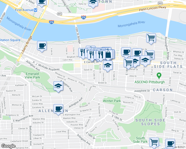 map of restaurants, bars, coffee shops, grocery stores, and more near 34 Enon Way in Pittsburgh