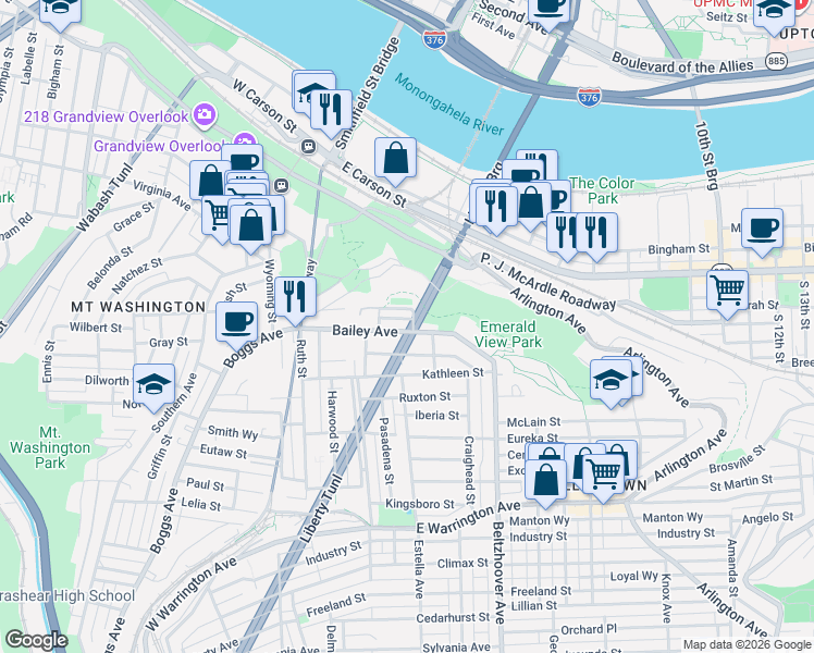 map of restaurants, bars, coffee shops, grocery stores, and more near 335 Kambach Street in Pittsburgh