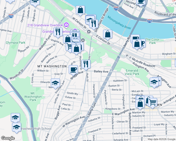 map of restaurants, bars, coffee shops, grocery stores, and more near 14 Ruth Street in Pittsburgh