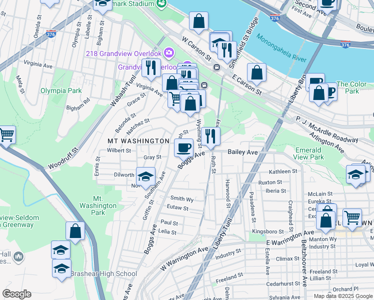 map of restaurants, bars, coffee shops, grocery stores, and more near 121 Boggs Avenue in Pittsburgh