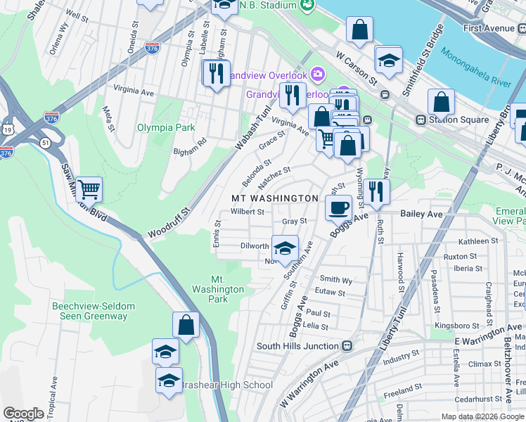 map of restaurants, bars, coffee shops, grocery stores, and more near 517 Natchez Street in Pittsburgh